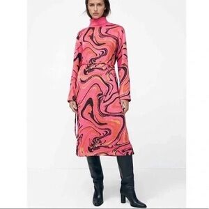 Zara Knit Jacquard Dress Pink Abstract Knit Belted Turtleneck Long Sleeve Size S